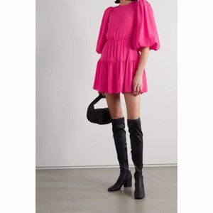Alice + Olivia Shayla Tiered Mini Dress Hot Pink Puff Sleeve Back Zipper 6